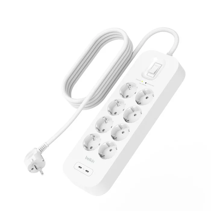 Belkin Connect power socket, surge protector with 2x USB-C 30W PD, 8 outlets, extension cord, 2m, White
