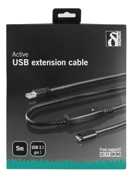 DELTACO aktiiv. USB 3.0-kaapeli, Type A ur - Type Micro B ur, 5m, sin.