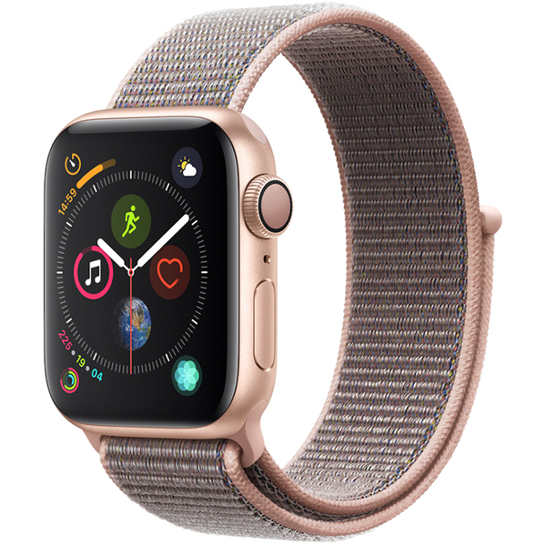Apple&nbsp;Watch Series&nbsp;4, 40mm Kullanv&auml;rinen alumiinikuori ja hietaroosa Sport Loop ‑ranneke