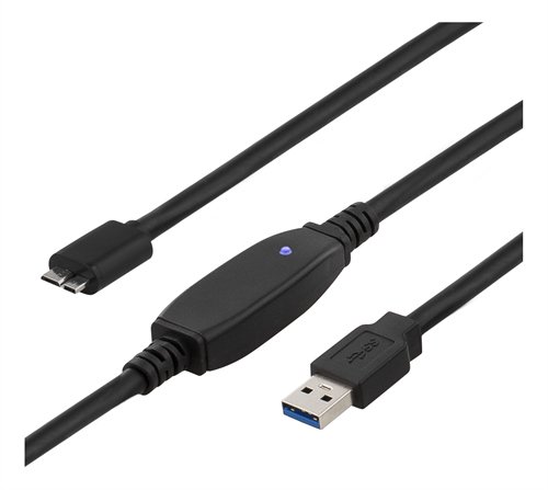 DELTACO aktiiv. USB 3.0-kaapeli, Type A ur - Type Micro B ur, 5m, sin.