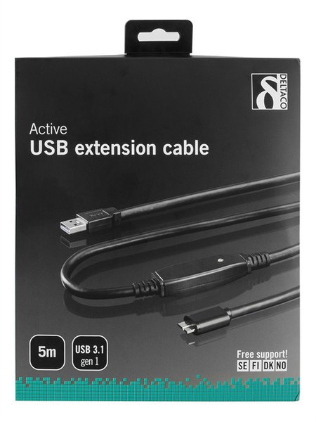 DELTACO aktiiv. USB 3.0-kaapeli, Type A ur - Type Micro B ur, 5m, sin.
