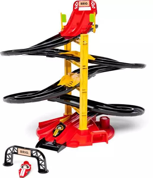 BRIO racetrack tower with two racing cars, toy vehicle