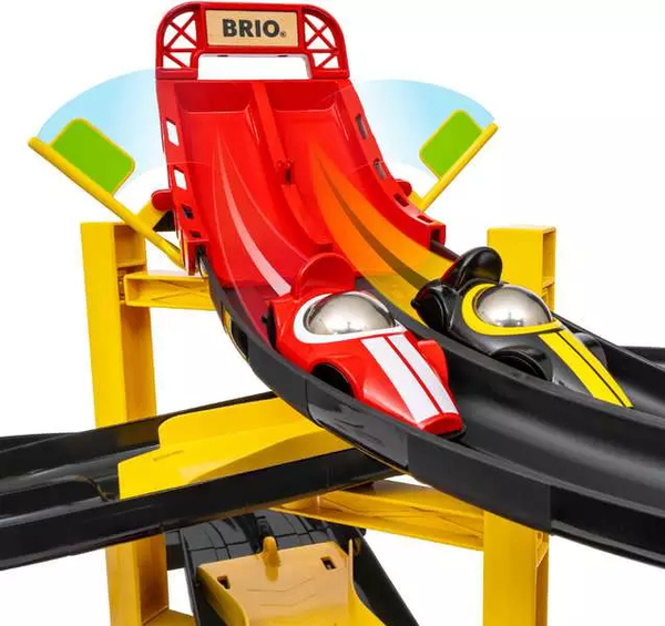 BRIO racetrack tower with two racing cars, toy vehicle