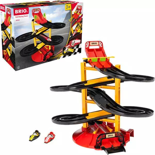 BRIO racetrack tower with two racing cars, toy vehicle