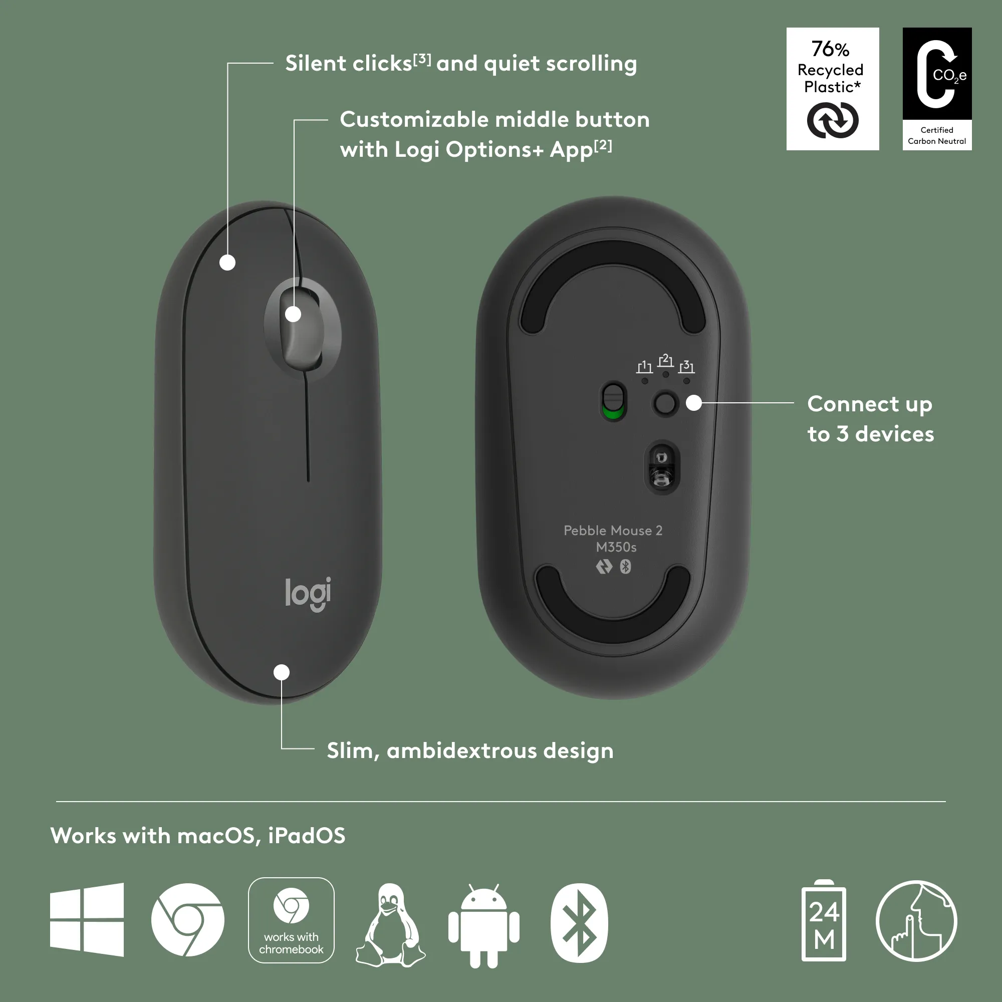 Logitech Pebble Mouse 2 M350s tr&aring;dl&ouml;s mus, grafit