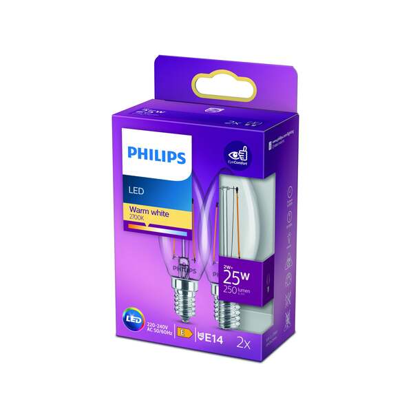 Philips LED Filament Candle E14 2 W (25 W) 250 lm 2700 K 2-pack