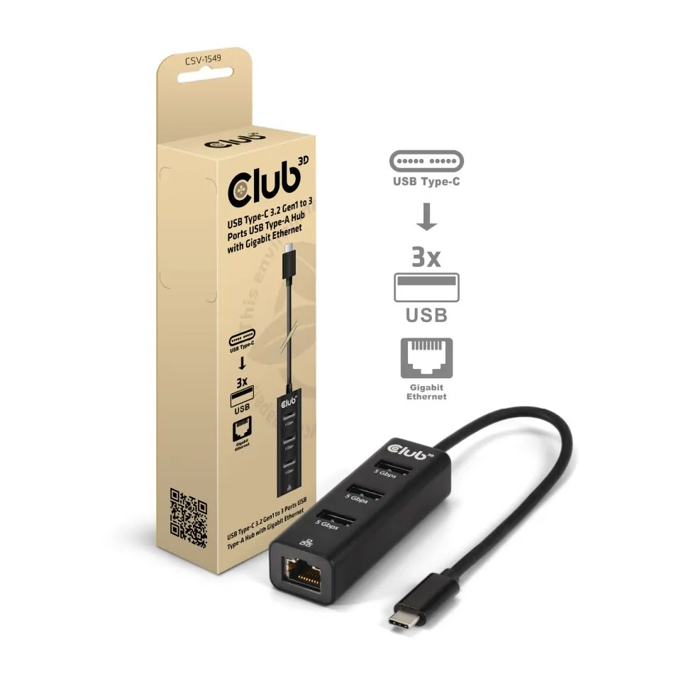 Club 3D USB C 3.2 Gen1 -  3x USB A + Gigabit Ethernet - adapter, Svart