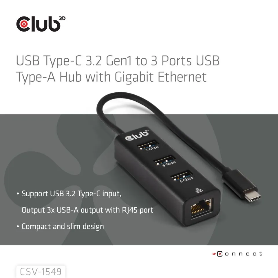 Club 3D USB C 3.2 Gen1 -  3x USB A + Gigabit Ethernet - adapter, Svart