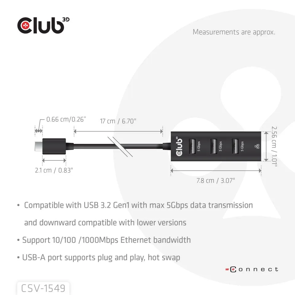 Club 3D USB C 3.2 Gen1 -  3x USB A + Gigabit Ethernet - adapter, Svart