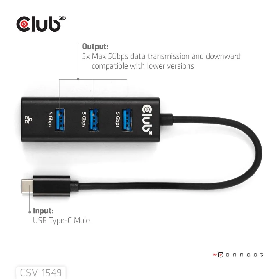 Club 3D USB C 3.2 Gen1 -  3x USB A + Gigabit Ethernet - adapter, Svart