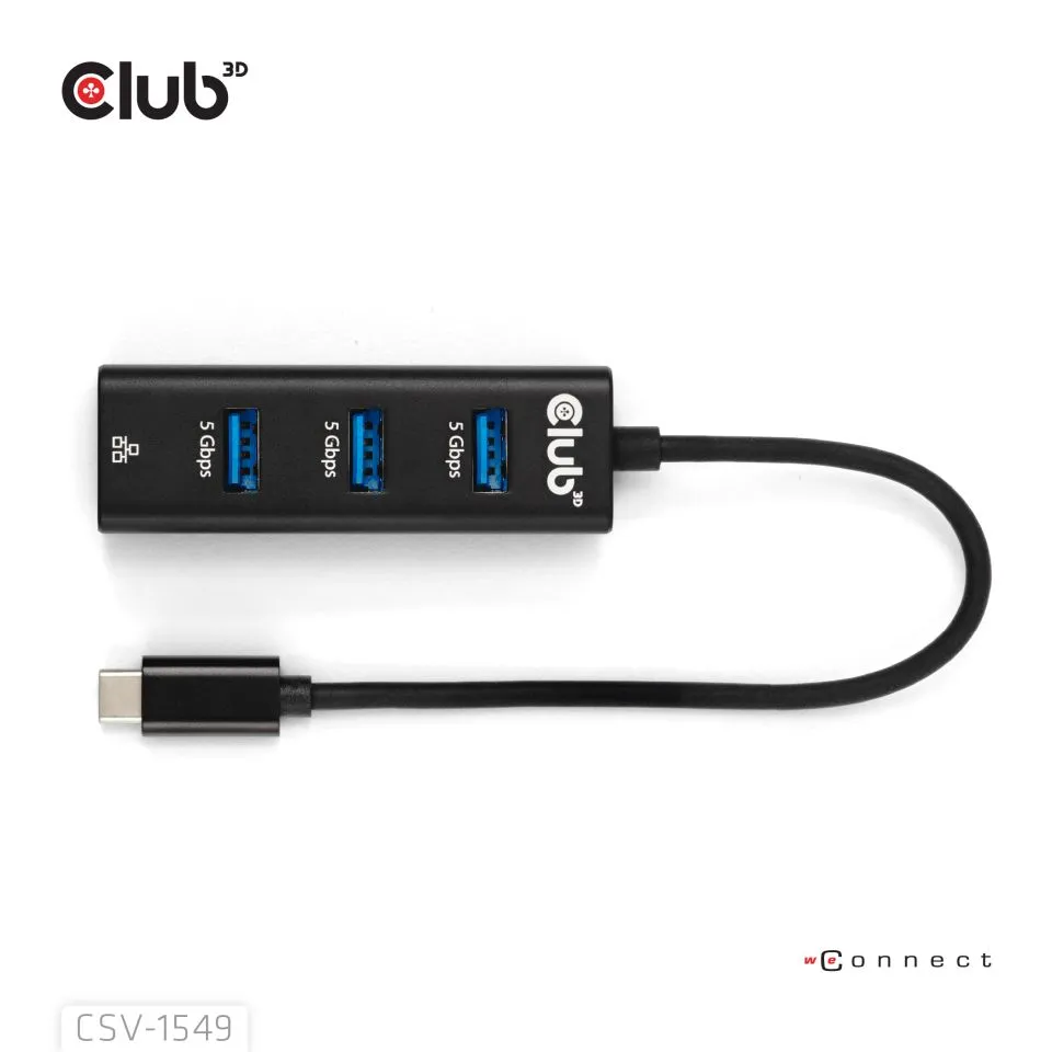 Club 3D USB C 3.2 Gen1 -  3x USB A + Gigabit Ethernet - adapter, Svart