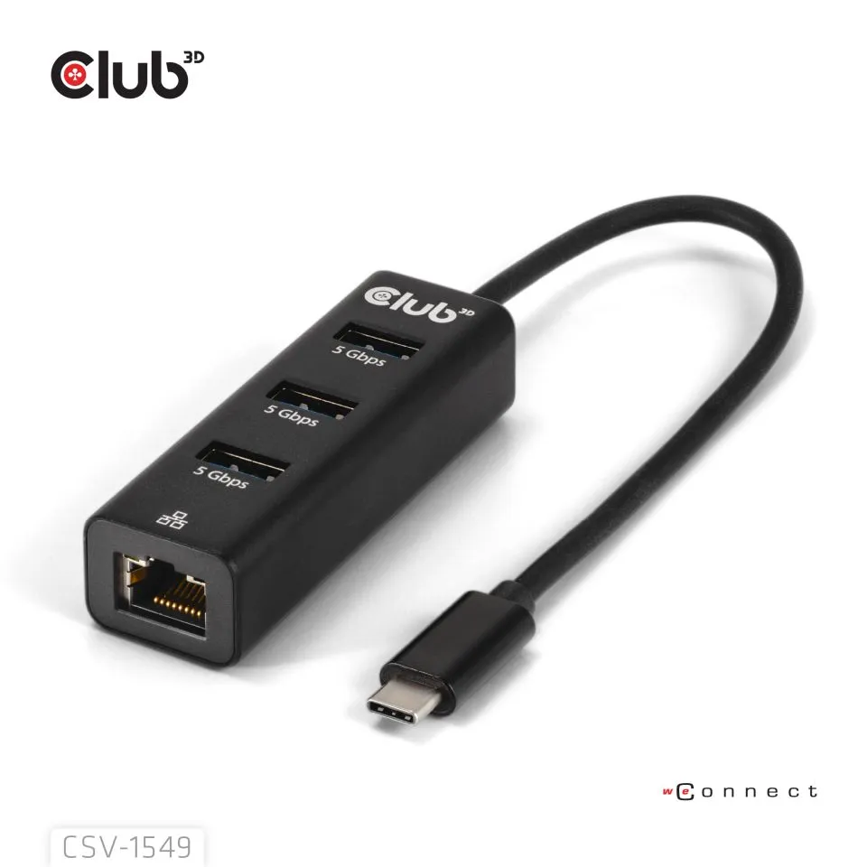 Club 3D USB C 3.2 Gen1 -  3x USB A + Gigabit Ethernet - adapter, Svart