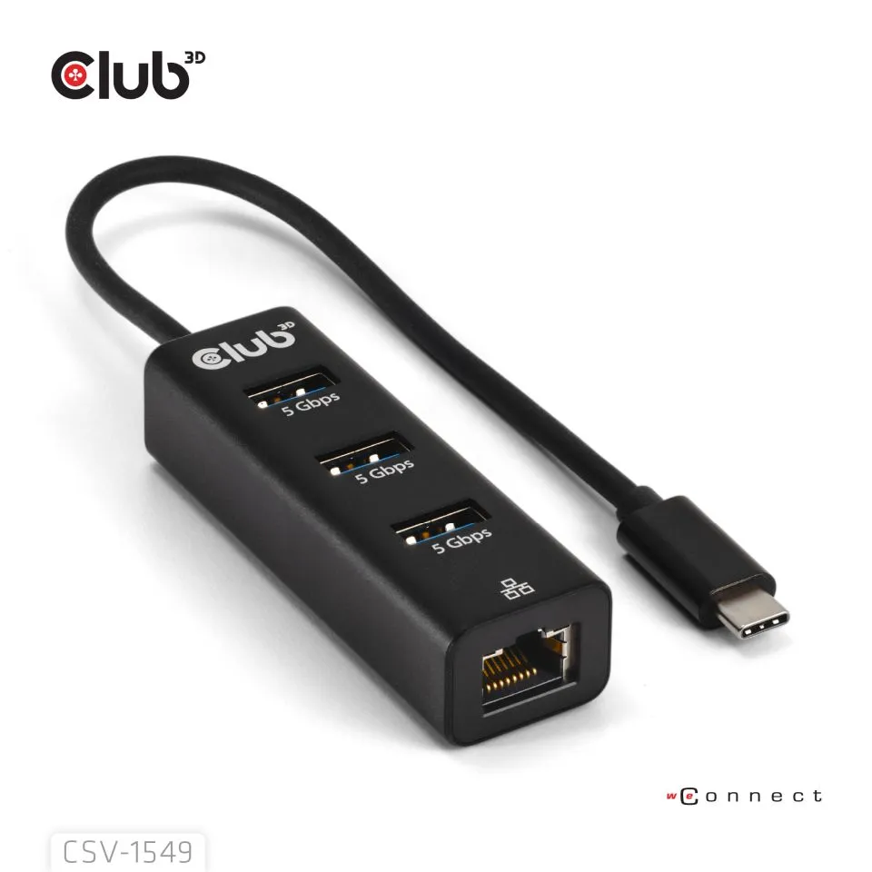 Club 3D USB C 3.2 Gen1 -  3x USB A + Gigabit Ethernet - adapter, Svart