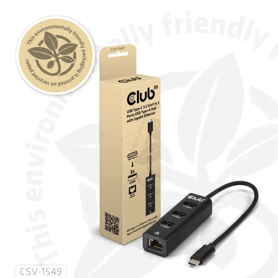 Club 3D USB C 3.2 Gen1 -  3x USB A + Gigabit Ethernet - adapter, Svart