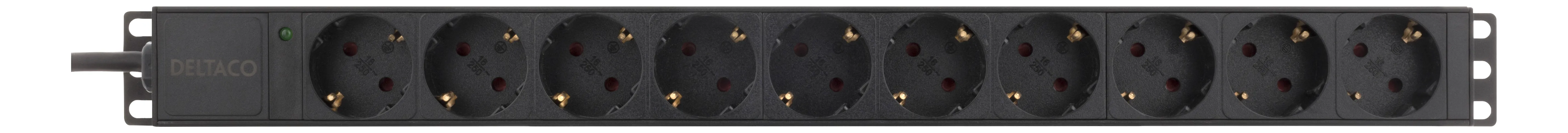 Deltaco Strömfördelningspanel, 10xCEE 7/4 uttag, 1xCEE 7/7, 0,501 m, 1U, 3 m kabel, svart