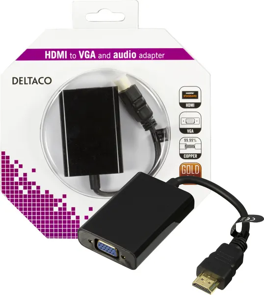 DELTACO HDMI - VGA-sovitin, 19-pin ur - 15-pin+3,5mm, 0,2m, musta