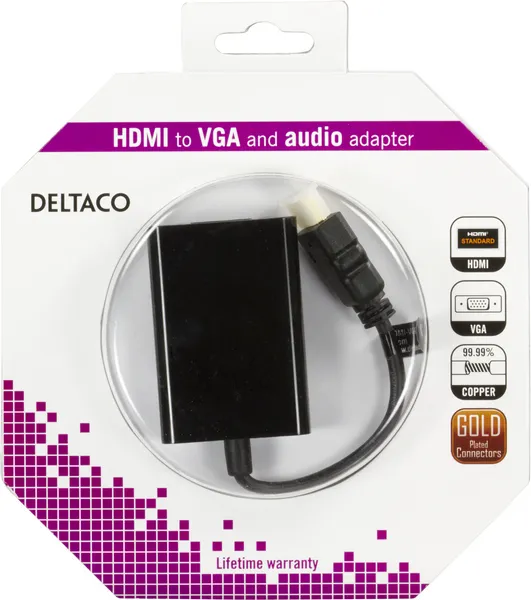 DELTACO HDMI - VGA-sovitin, 19-pin ur - 15-pin+3,5mm, 0,2m, musta