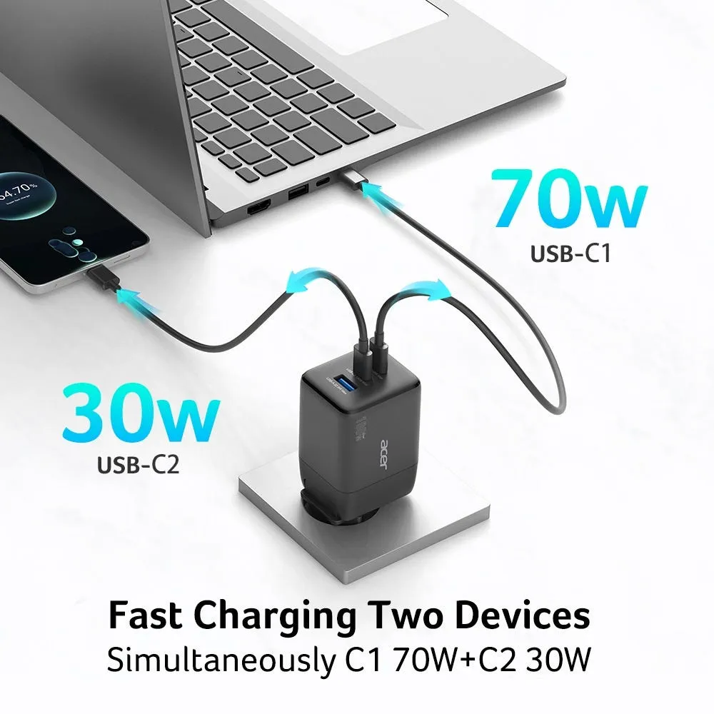 Acer GaN 100 Watt (2&times;USB-C + 1&times;USB-A) - Str&ouml;madapter, Svart