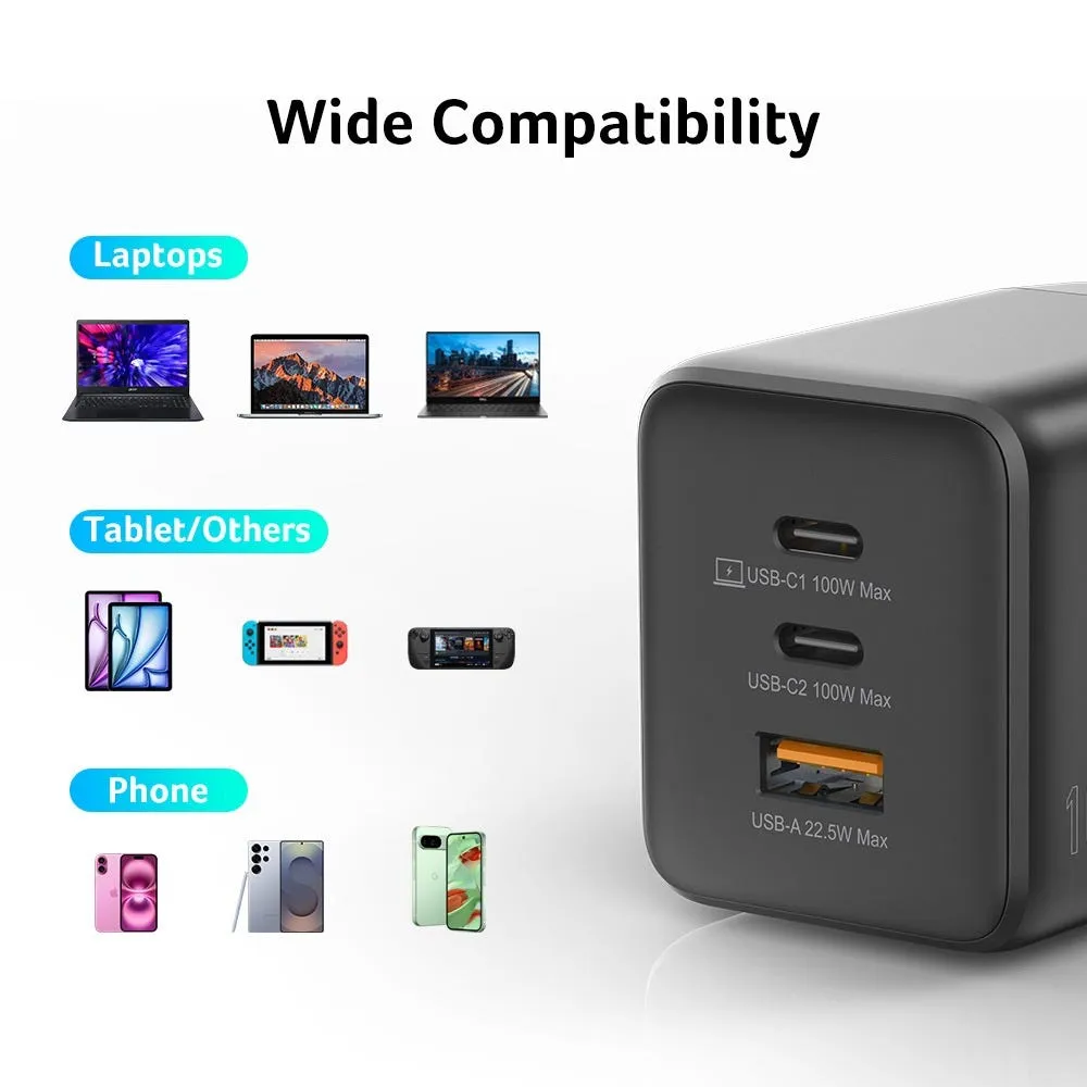 Acer GaN 100 Watt (2&times;USB-C + 1&times;USB-A) - Str&ouml;madapter, Svart