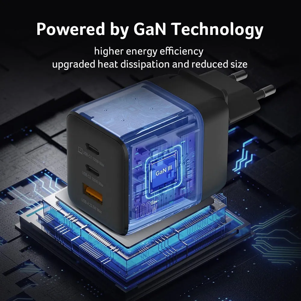 Acer GaN 100 Watt (2&times;USB-C + 1&times;USB-A) - Str&ouml;madapter, Svart