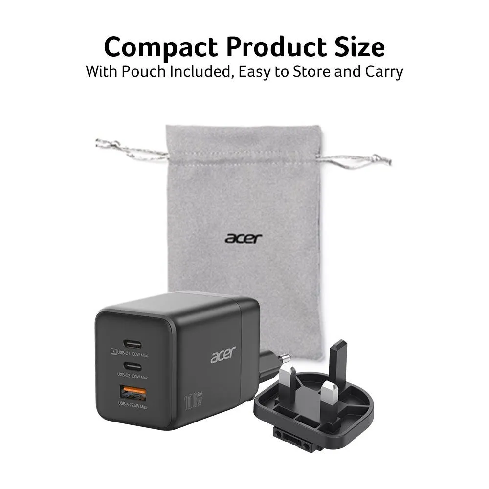Acer GaN 100 Watt (2&times;USB-C + 1&times;USB-A) - Str&ouml;madapter, Svart