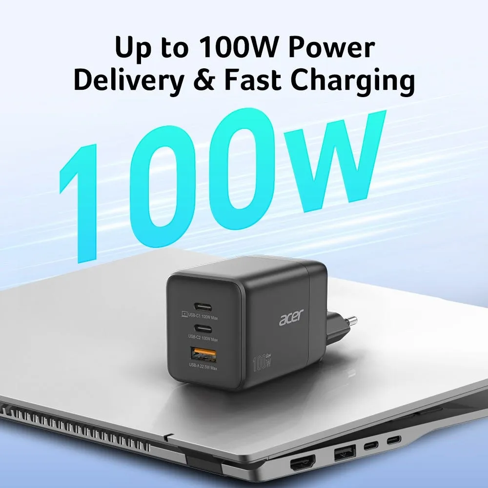 Acer GaN 100 Watt (2&times;USB-C + 1&times;USB-A) - Str&ouml;madapter, Svart