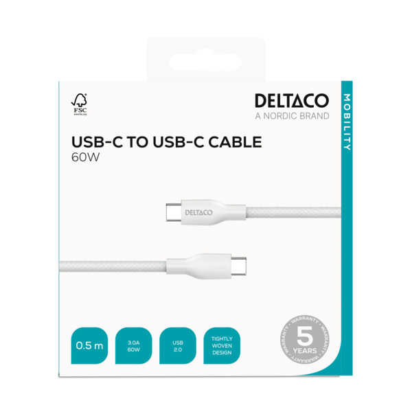 Deltaco USB-C cable, 60W, 0.5 m, White Deltaco USB-C cable, 60W, 0.5 m, White