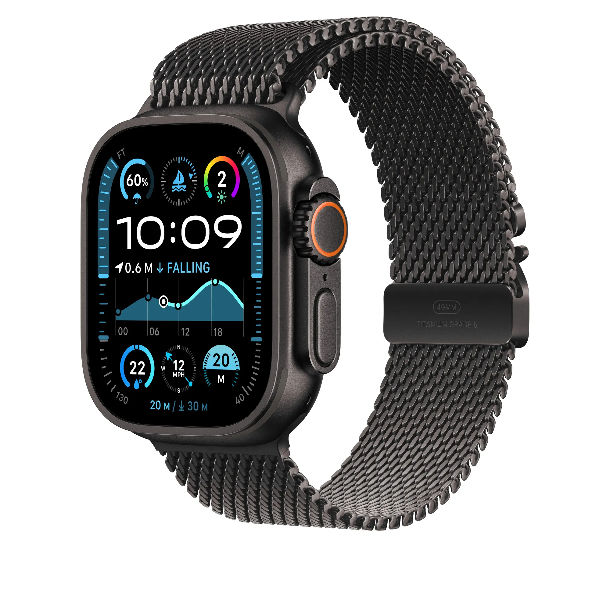 Apple Watch 49 mm - Milanesisk loop, Svart titan, Large