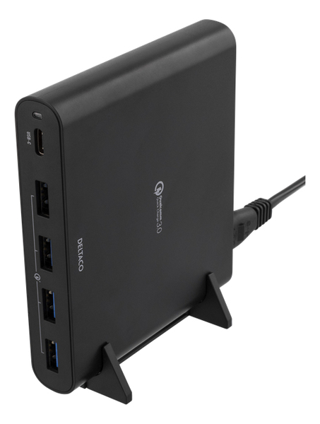 DELTACO USB-laddningsstation, 1xUSB-C PD, 4xUSB-A, QC 3.0, 80W, 1,5m,