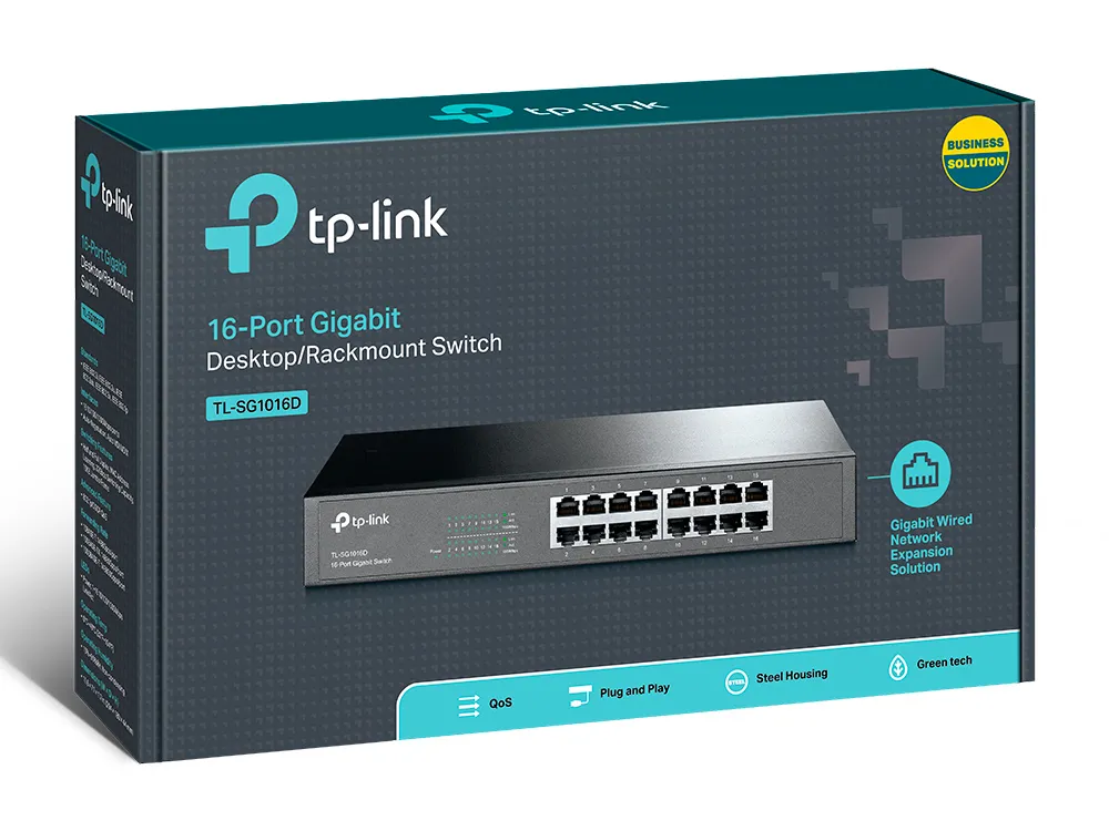 TP-Link verkkokytkin, 16-ports 10/100/1000Mbps, RJ45, metall, 19"