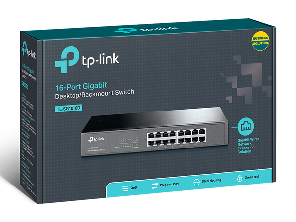 TP-Link nätverksswitch, 16-ports 10/100/1000Mbps, RJ45, metall, 19"