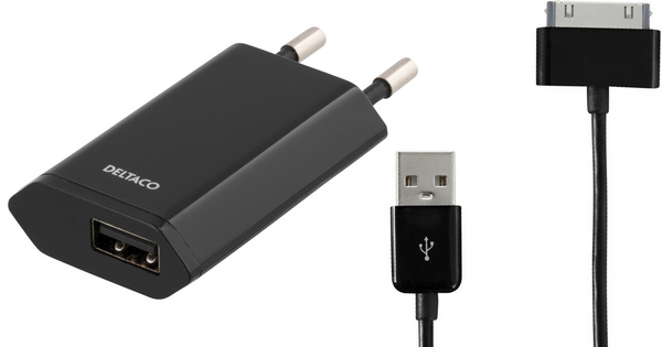 DELTACO laddare f&ouml;r 230V, 1A f&ouml;r iPhone, 1m synkkabel, svart