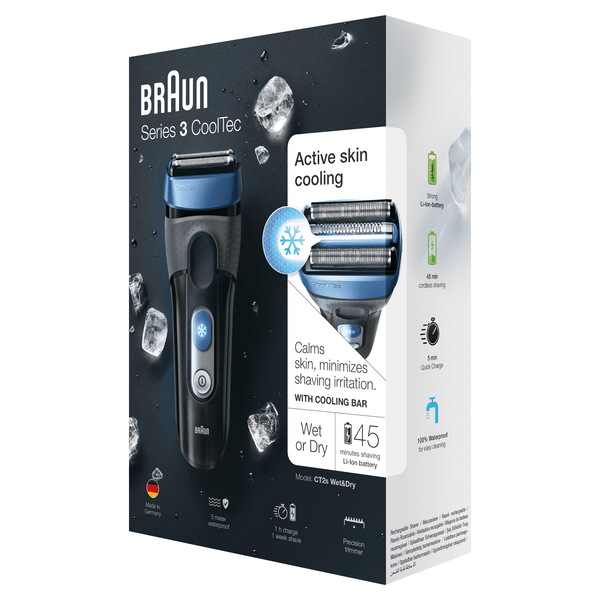BRAUN PARRANAJOKONE CoolTec CT2s ProSkin Wet&amp;Dry, &deg;CoolTec - maailman ensimm&auml;inen parranajokone aktiivisella viilennysteknologialla, joka pist&auml;&auml; iho&auml;rsytyksen j