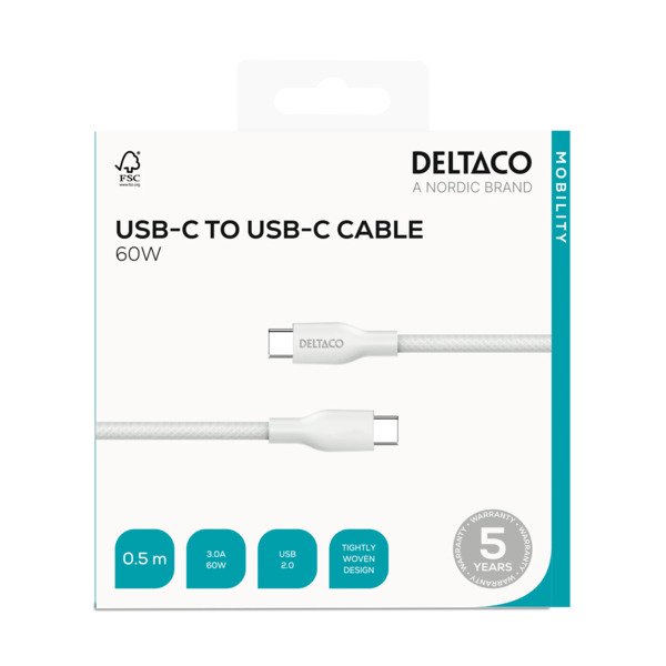 Deltaco USB-C - USB-C -latausjohto, 60W, 0,5 m, valkoinen