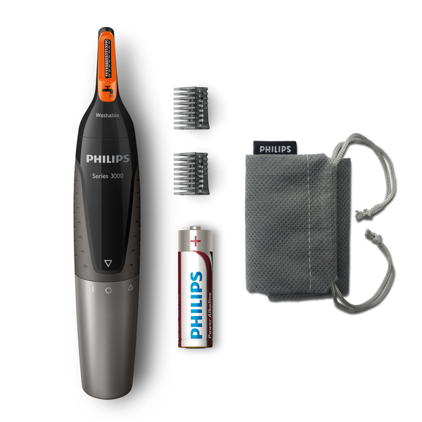 PHILIPS Nose and ear trimmer: 100proc water-proof  Powerful tube trimmer  ProtecTube technology  AA-battery included