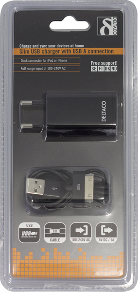 DELTACO laddare f&ouml;r 230V, 1A f&ouml;r iPhone, 1m synkkabel, svart