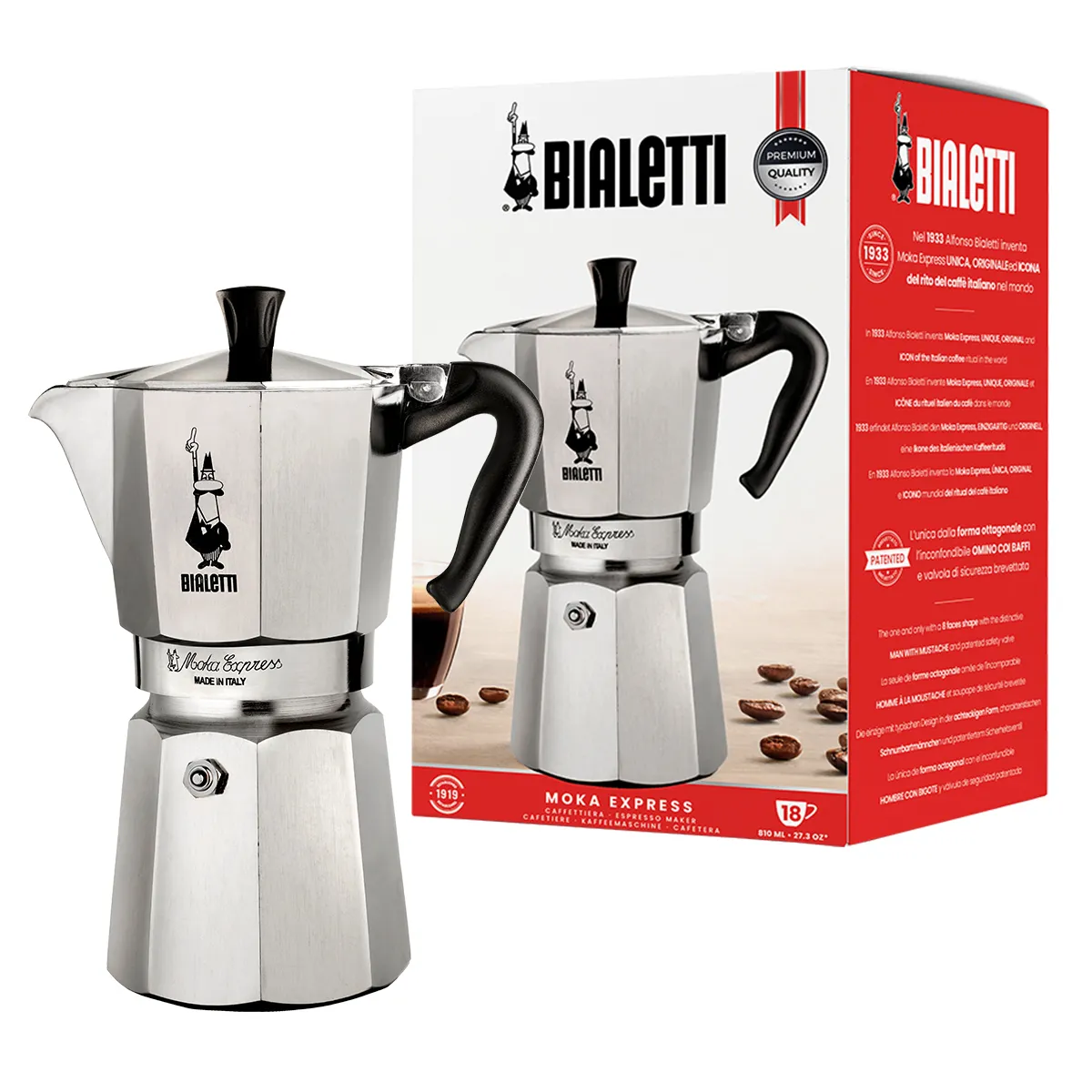 Bialetti Moka Express -espressomaskin, silver, 18 koppar