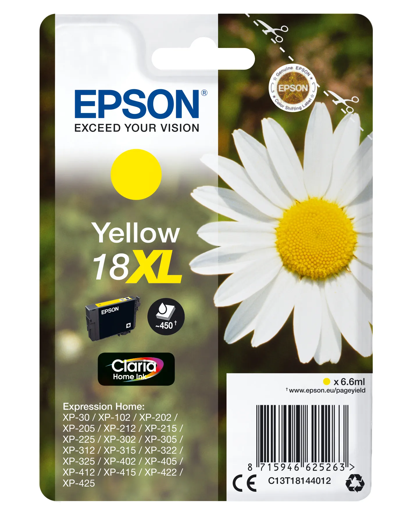 Epson 18XL - 6.6 ml - keltainen - alkuper&auml;inen - blister RF-h&auml;lyttimell&auml; - mustepatruuna malleihin Expression Home XP-212, 215, 225, 312, 315, 322, 325, 412, 41
