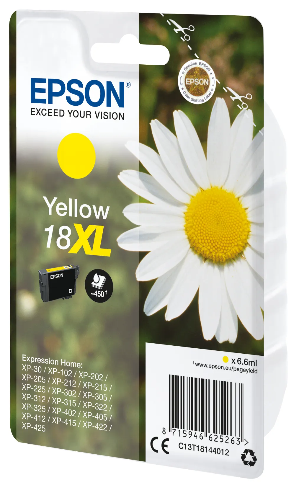 Epson 18XL - 6.6 ml - keltainen - alkuper&auml;inen - blister RF-h&auml;lyttimell&auml; - mustepatruuna malleihin Expression Home XP-212, 215, 225, 312, 315, 322, 325, 412, 41