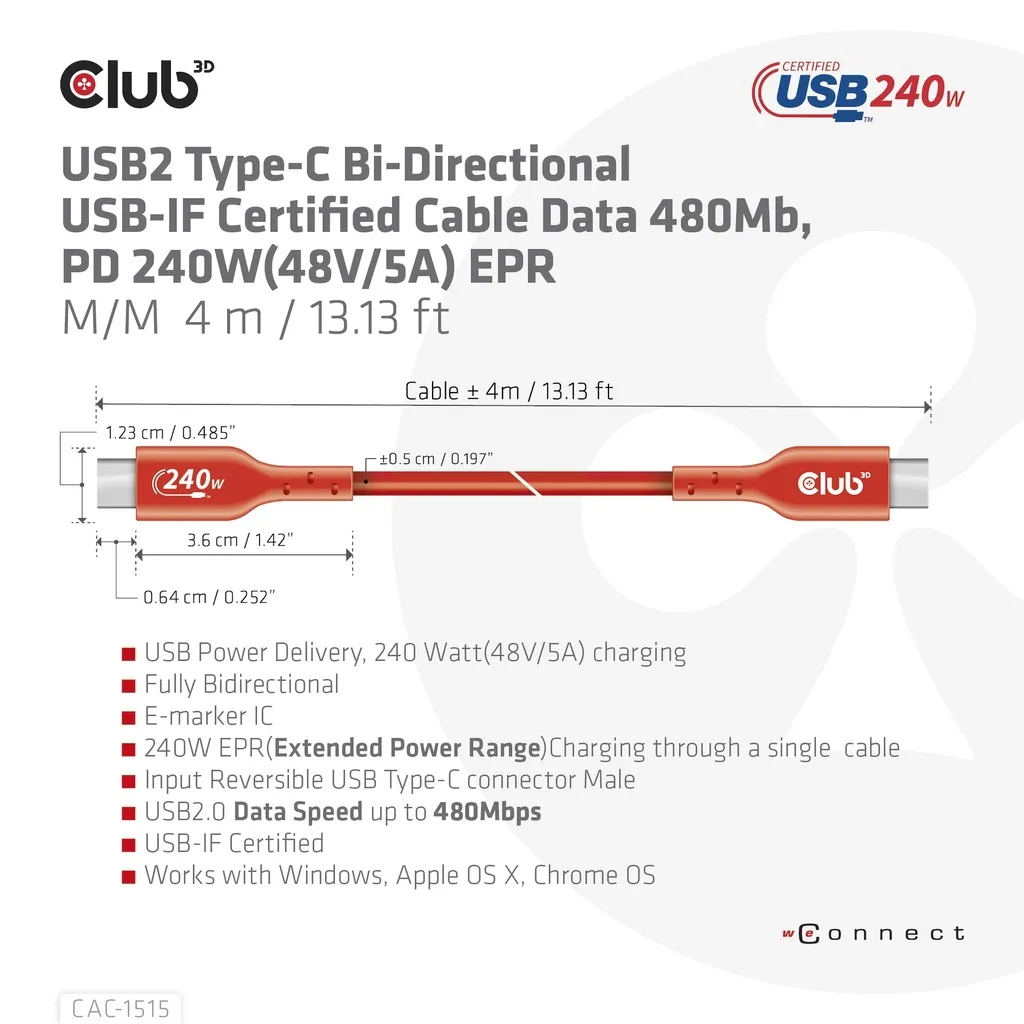 Club 3D CAC-1515 USB-C -kaapeli, 240 W, 4 m, punainen