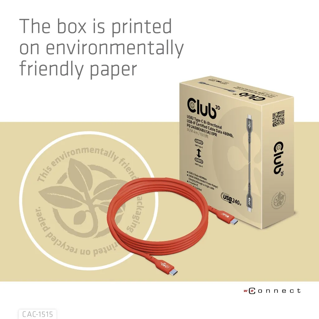 Club 3D CAC-1515 USB-C -kaapeli, 240 W, 4 m, punainen