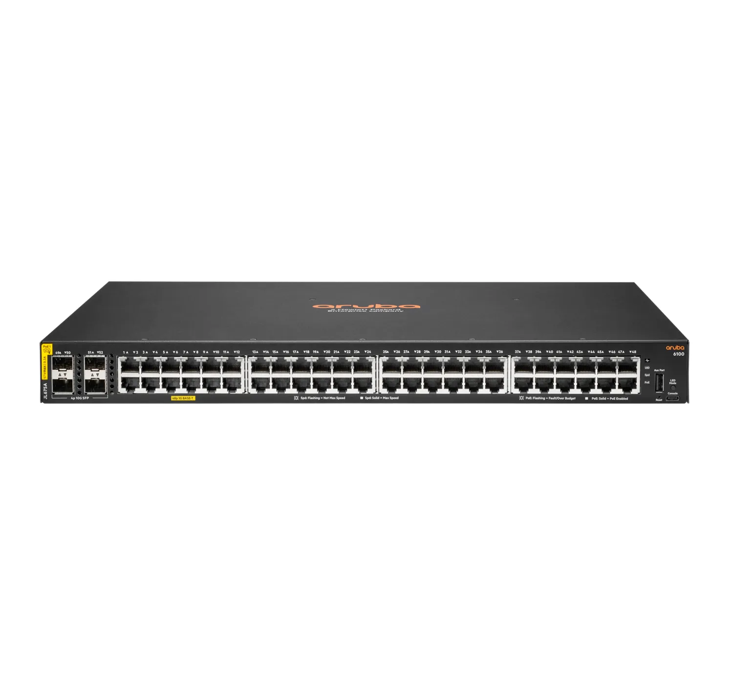 Aruba 6100 48G Class4 PoE 4SFP+ 370W AOS-CX Switch with 48x ports 10/100/1000BASE-T  802.3at PoE Ports 4x 1G/10G SFP ports. Layer 2 access switch with Switching