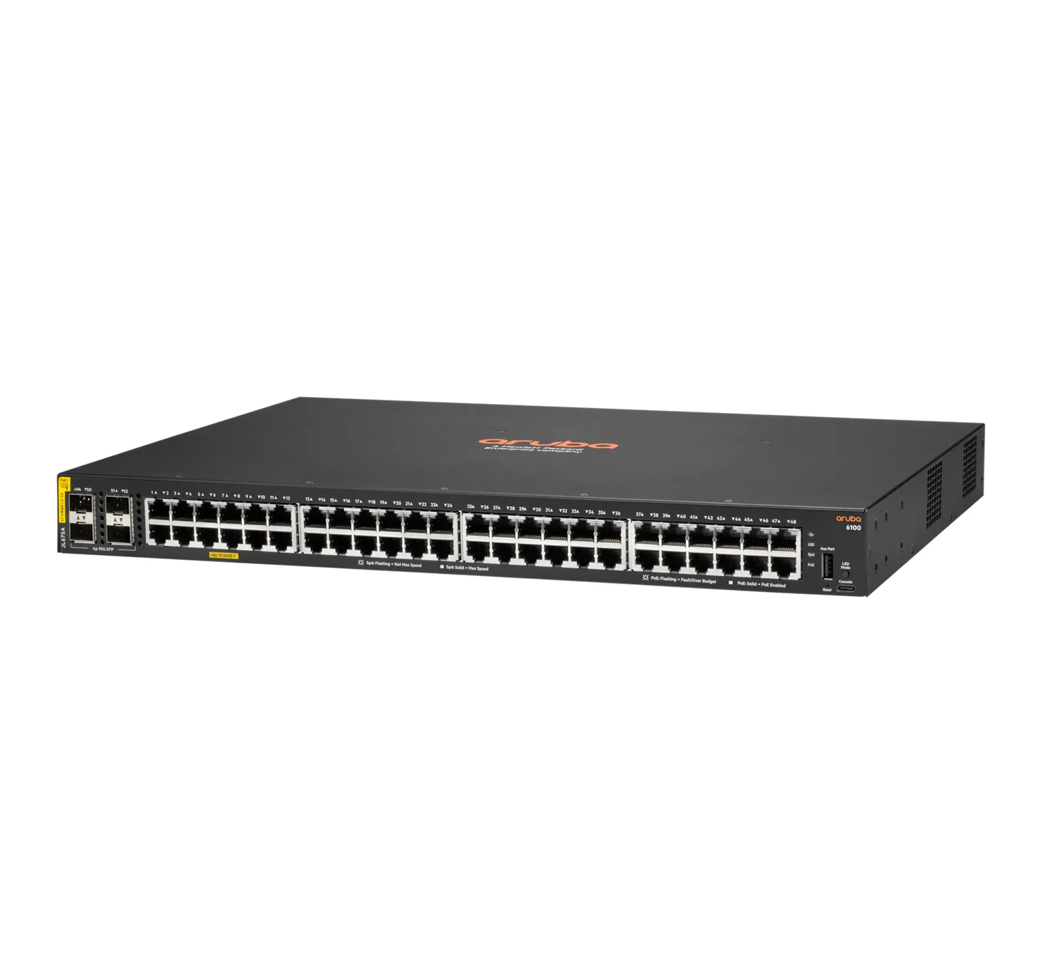 Aruba 6100 48G Class4 PoE 4SFP+ 370W AOS-CX Switch with 48x ports 10/100/1000BASE-T  802.3at PoE Ports 4x 1G/10G SFP ports. Layer 2 access switch with Switching