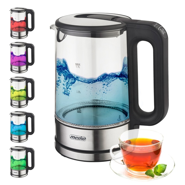 ADLER Mesko MS 1301B vattenkokare, 1,7 l, 2200 W, svart/rostfritt st&aring;l/glas