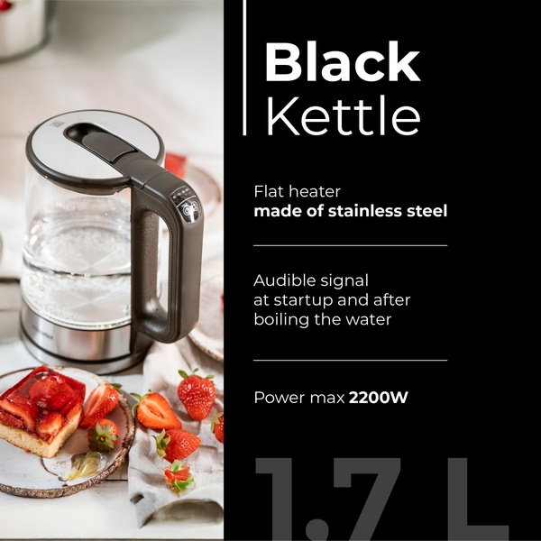 ADLER Mesko MS 1301B vattenkokare, 1,7 l, 2200 W, svart/rostfritt st&aring;l/glas