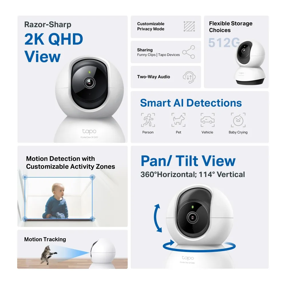 TP-Link Tapo C220 - Indoor Pan/Tilt Wi-Fi Security Camera, White/Black