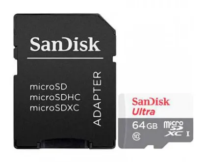 SanDisk Ultra 64GB MicroSDXC UHS-I A1 V30 card with SD adapter