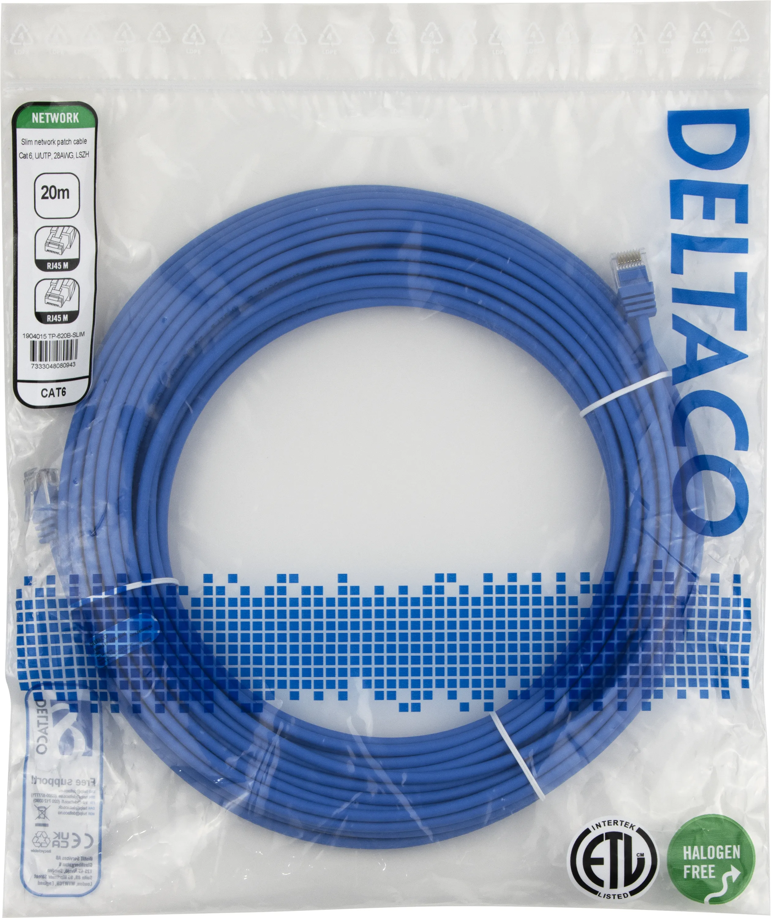 Deltaco Cat6 UTP RJ45 20m n&auml;tverkskabel, bl&aring;