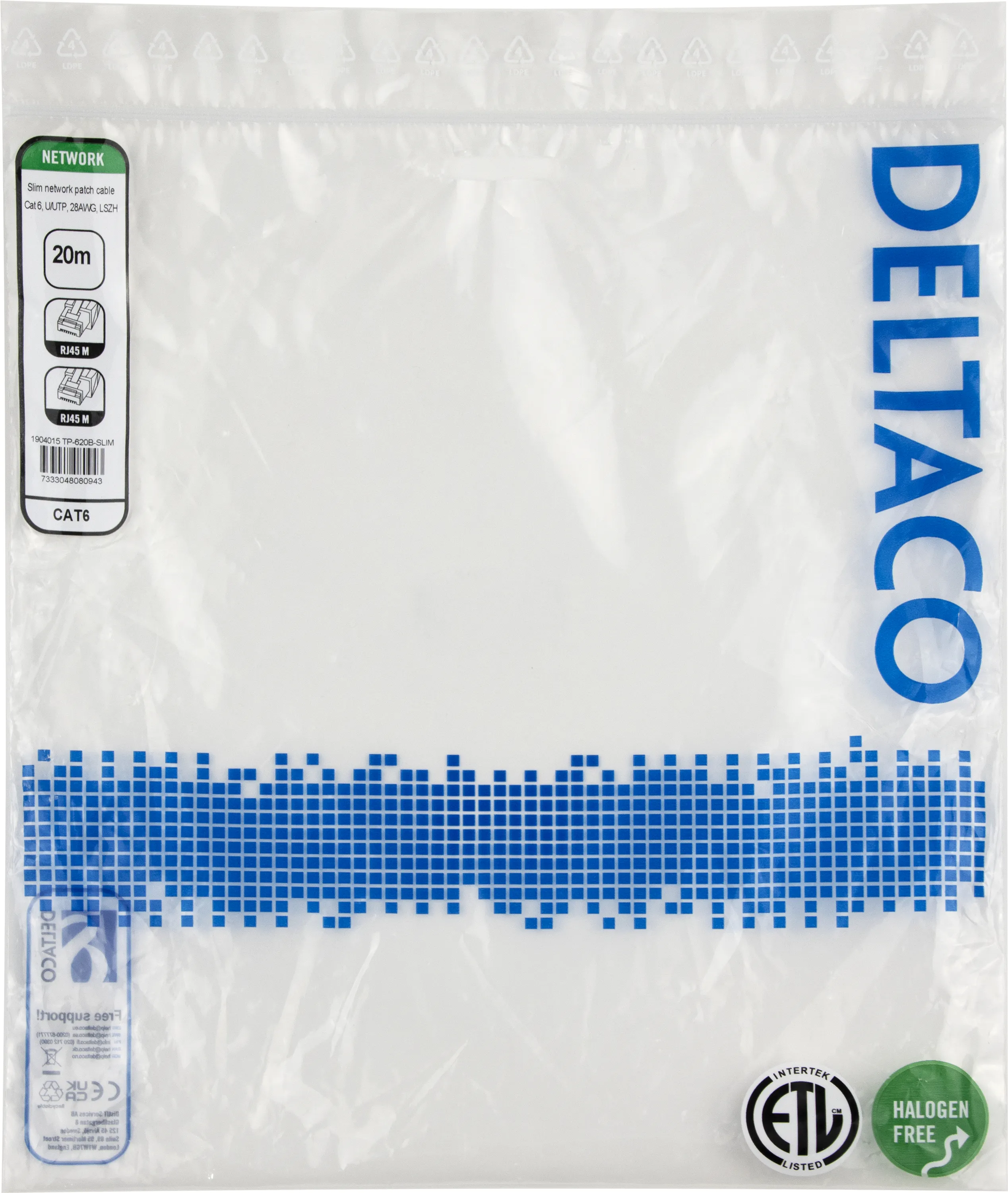 Deltaco Cat6 UTP RJ45 20m n&auml;tverkskabel, bl&aring;