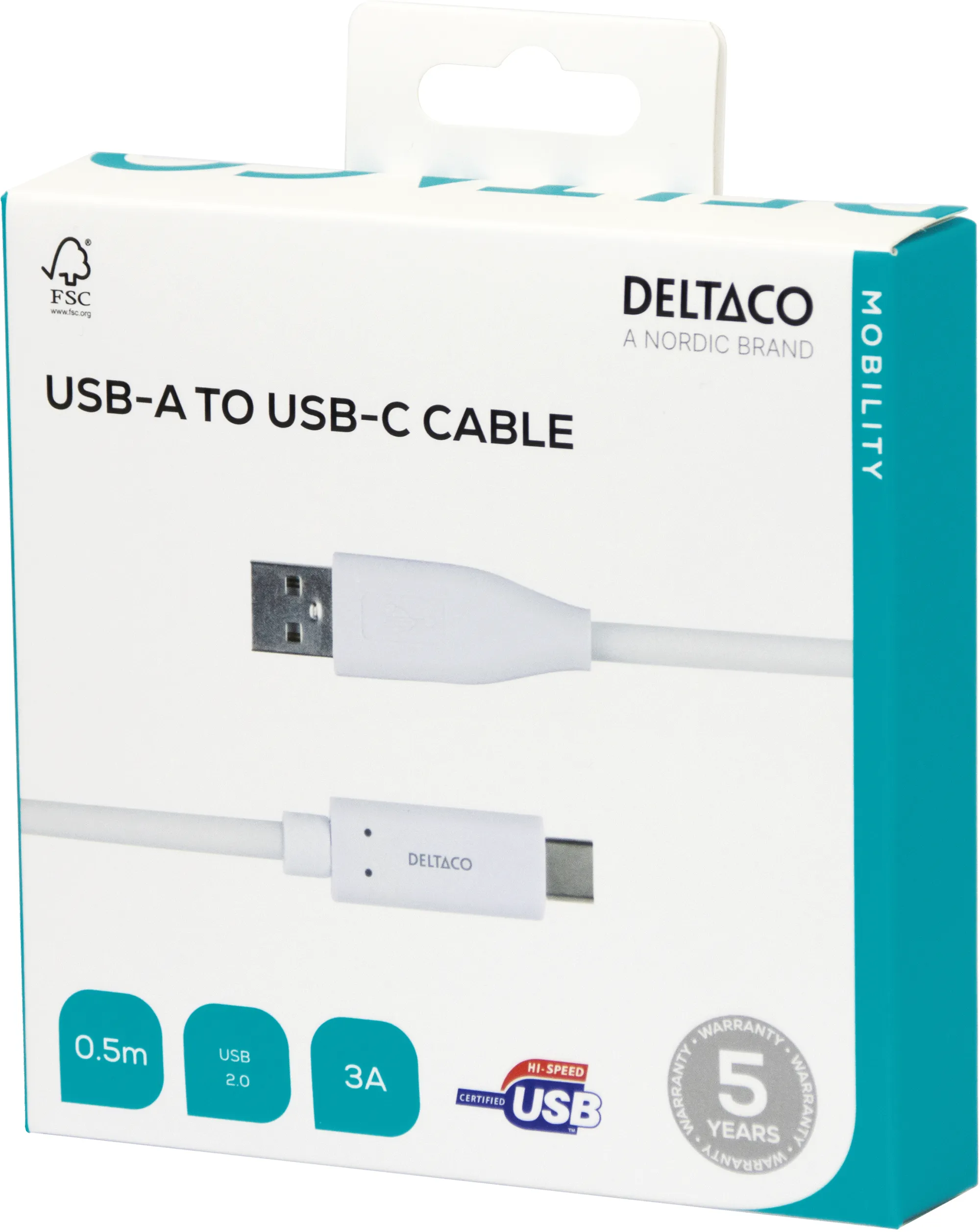 Deltaco USB-C &ndash; USB-A kabel, 0,5 m, vit
